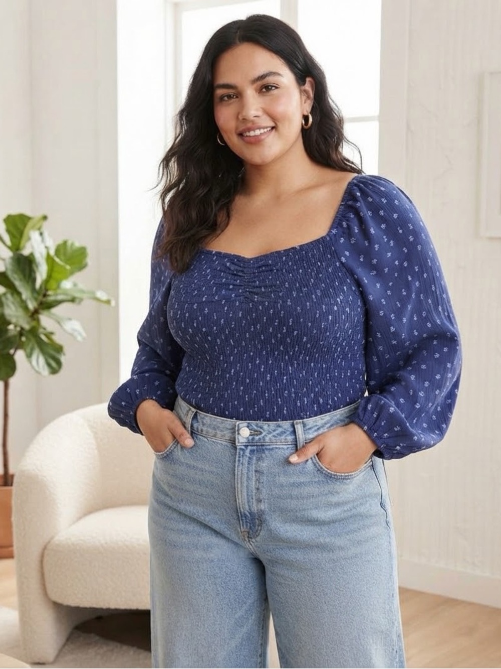 Madewell Blue Floral Smocked Square Neck Long Sleeve Crop Top Size 2X